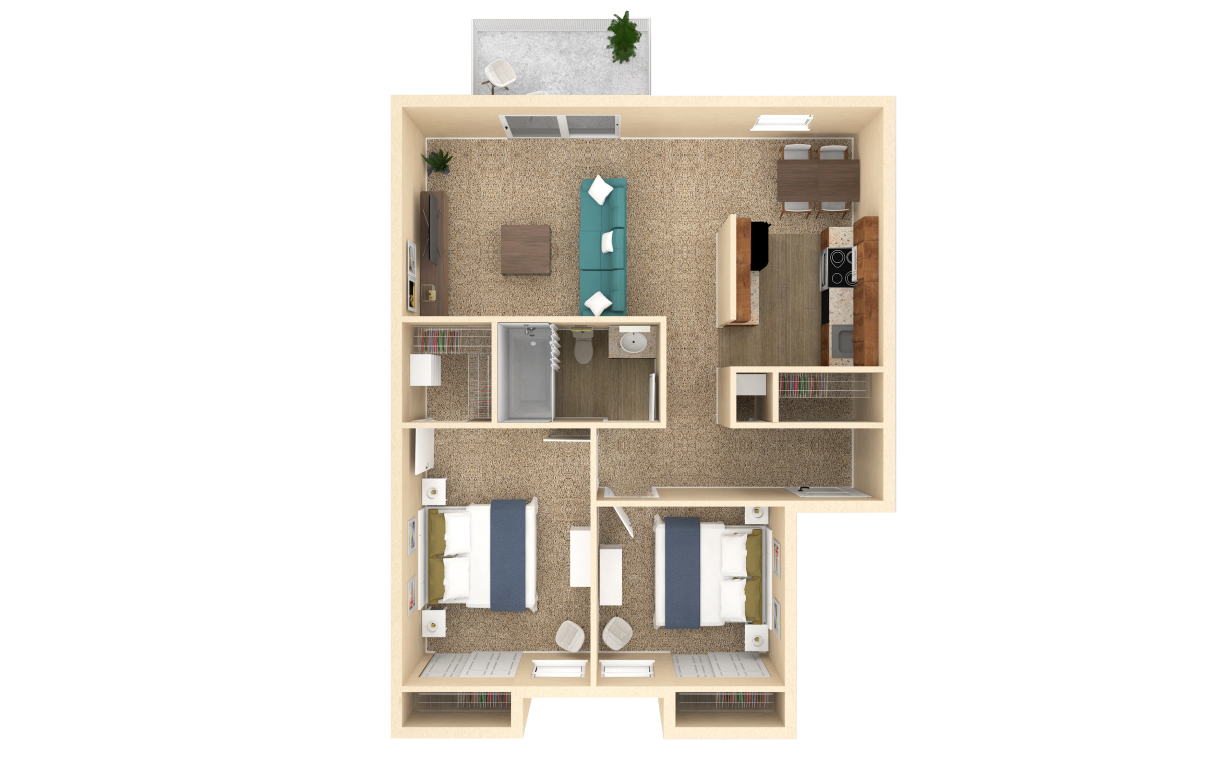 Floor plan for 2 beds, 1 bath, 920 sqft